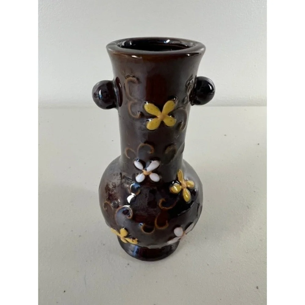 Vintage Made in Occupied Japan Miniature Bud Vase Brown‎ Moriage Floral 4 Inch